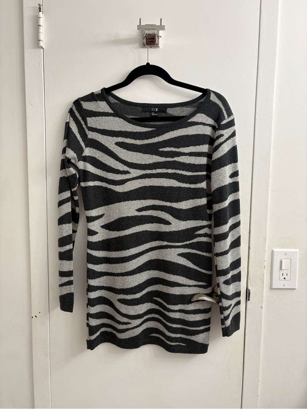 Zebra-Print Crewneck Sweater or ca be mini dress too Black & Gray